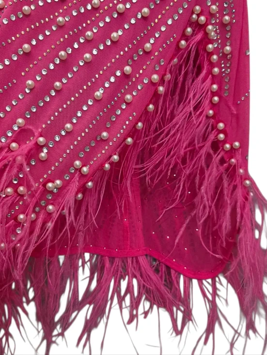 Nwt House Of Maguie Hot Pink Longsleeve Rhinestone,feathers & pearls Party Dress - Picture 13 of 16